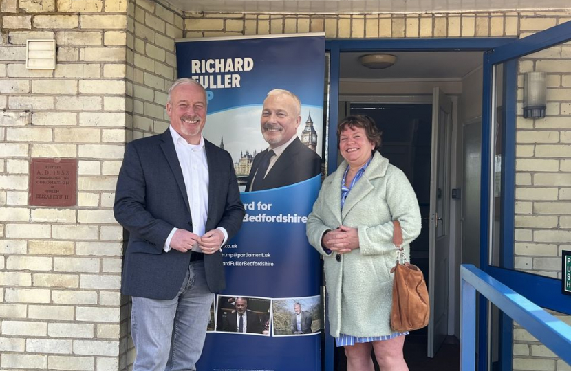 Photo of Richard with Cllr Nicky Gribble outside Ravensden Village Hall