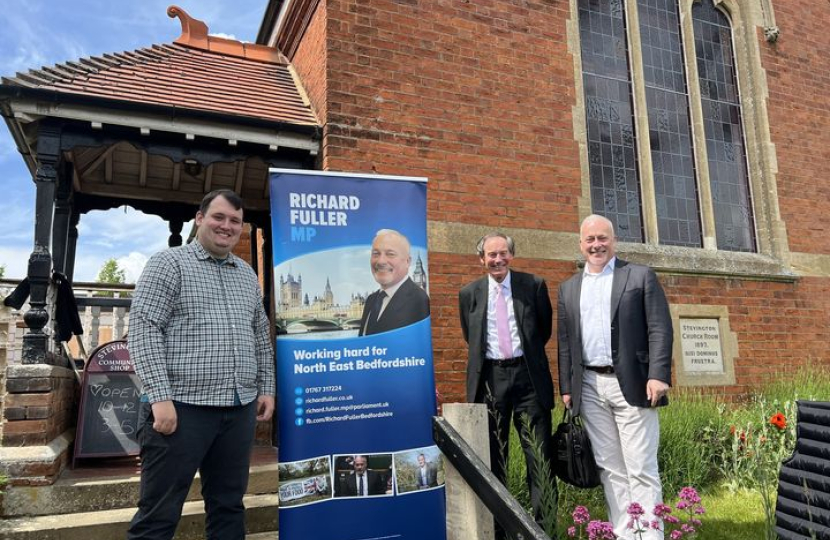 Richard outside Stevington Church Room with Cllr Simmons and Cllr Rigby