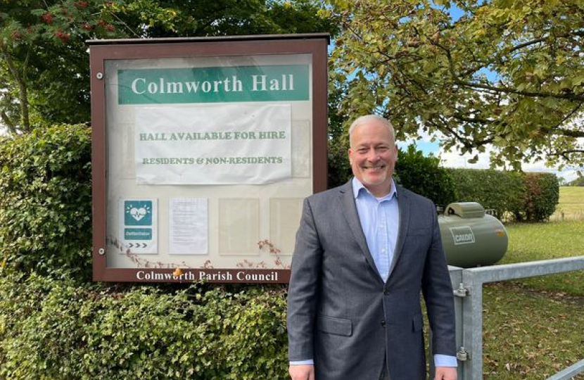 Richard Fuller MP outside Colmworth Village Hall