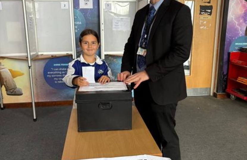 Emma demonstrating voting at Biggleswade Academy