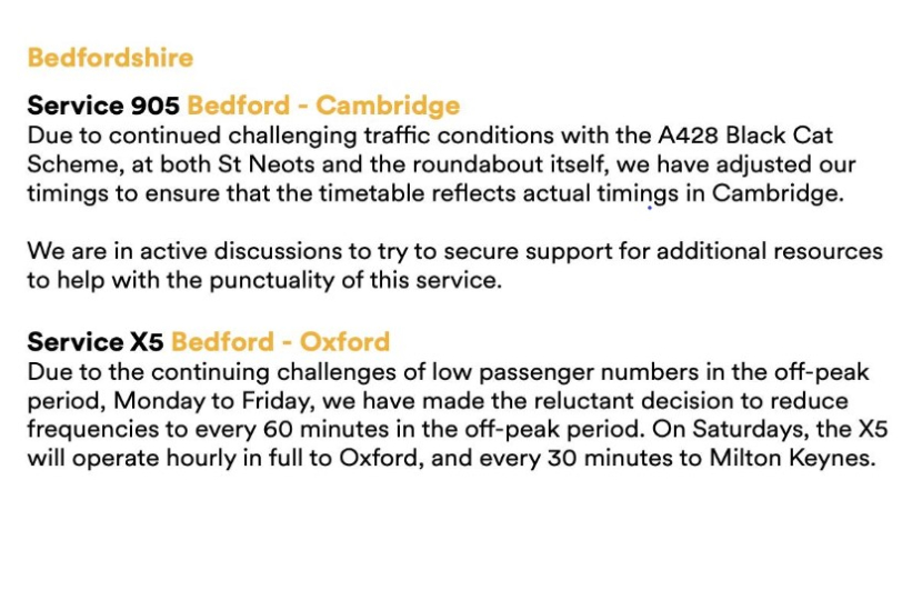 Summary of changes to Beds routes affected by timetable changes from 1 Sep