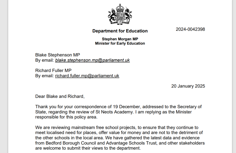 Image of free school reply from DfE to Blake and Richard