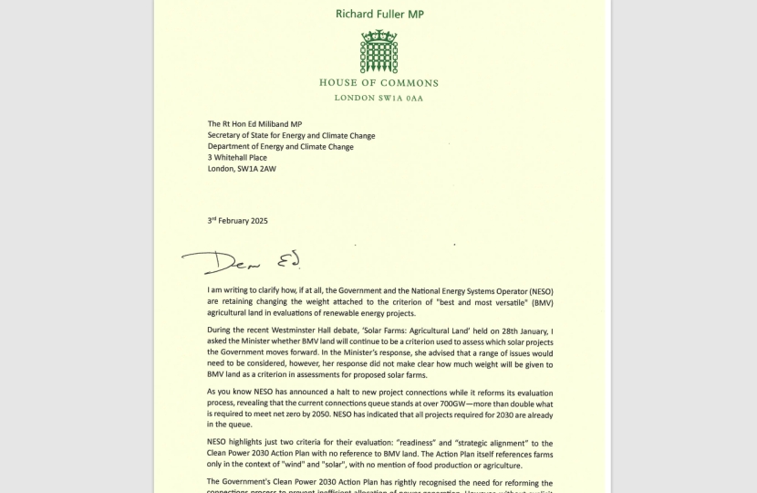 Image of Richard Fuller MP's letter to Ed Miliband on evaluating Best and Most Versatile (BMV) agricultural land in assessing solar farm projects