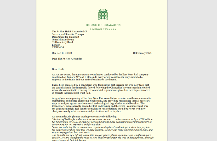 Image of letter to Transport Secretary re East West Rail and environmental protections