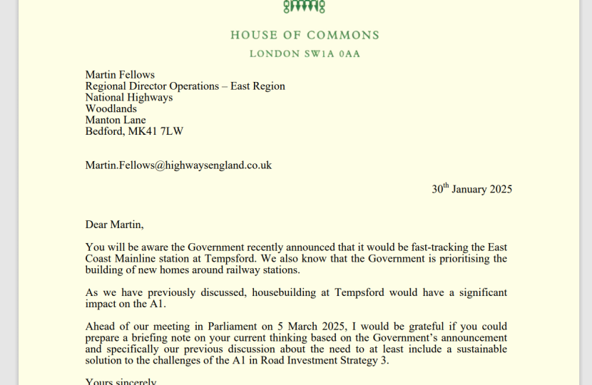 Image of Richard Fuller MP's letter to National Highways re A1 improvements in light of expected housebuilding in Tempsford