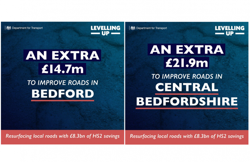 Road funding allocation graphics for Bedford Borough and Central Bedfordshire councils