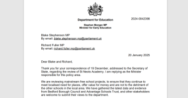 Image of free school reply from DfE to Blake and Richard